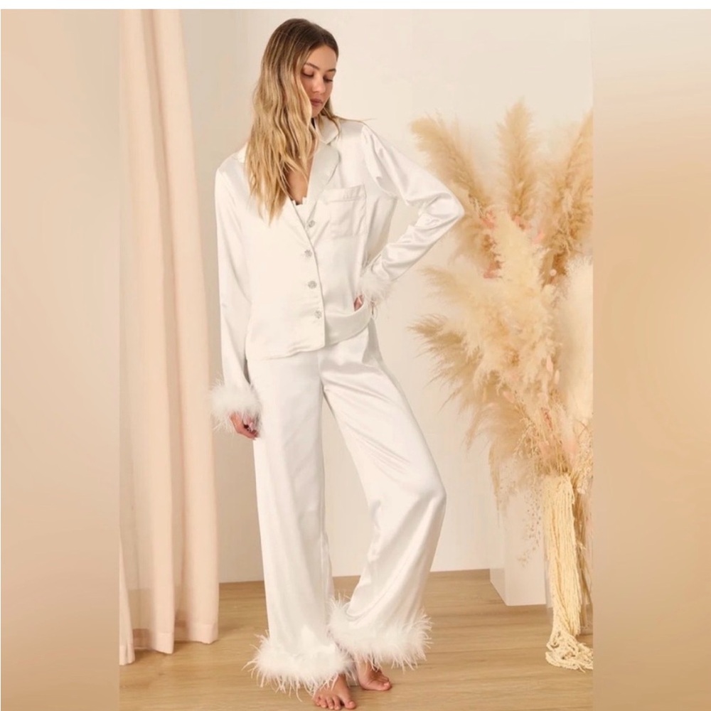 Lulu's White Satiny Feather Trim Pajamas